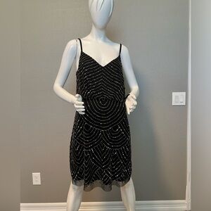 Adrianna Papell Sequin Mesh Blouson Dress Black Mercury Size 14